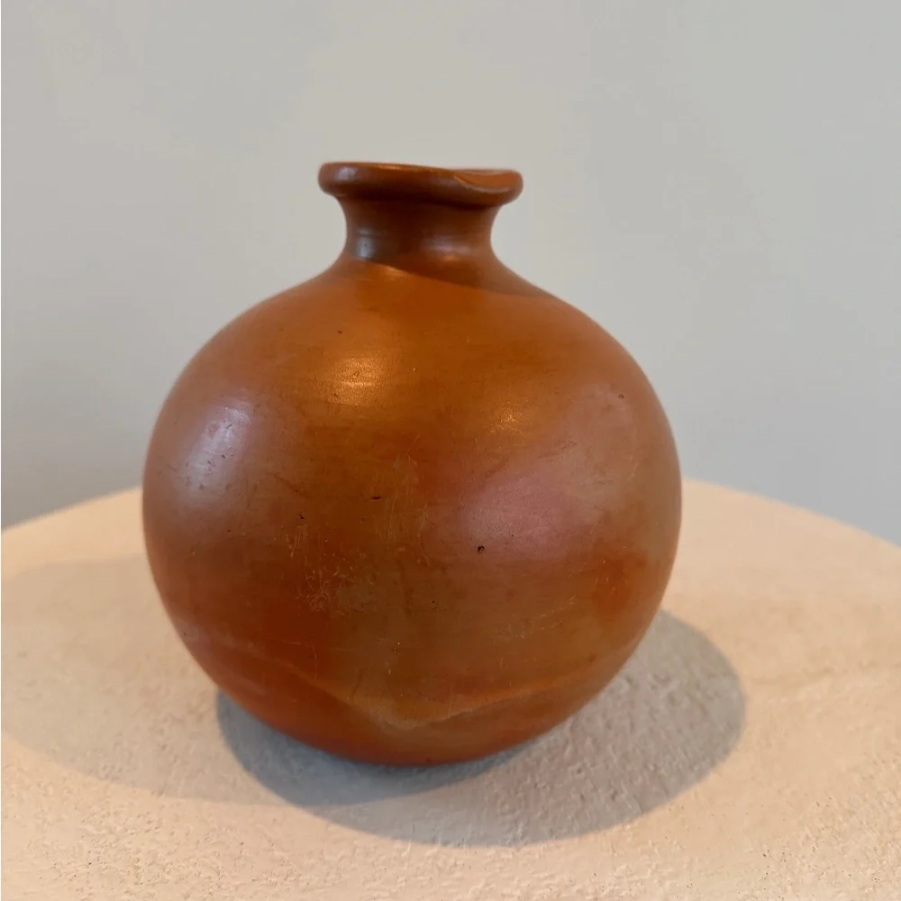 VINTAGE 1980’s‎ TERRACOTTA ROUND ART BALL POTTERY VASE BLACK GLAZED CIRCLE BOHO
